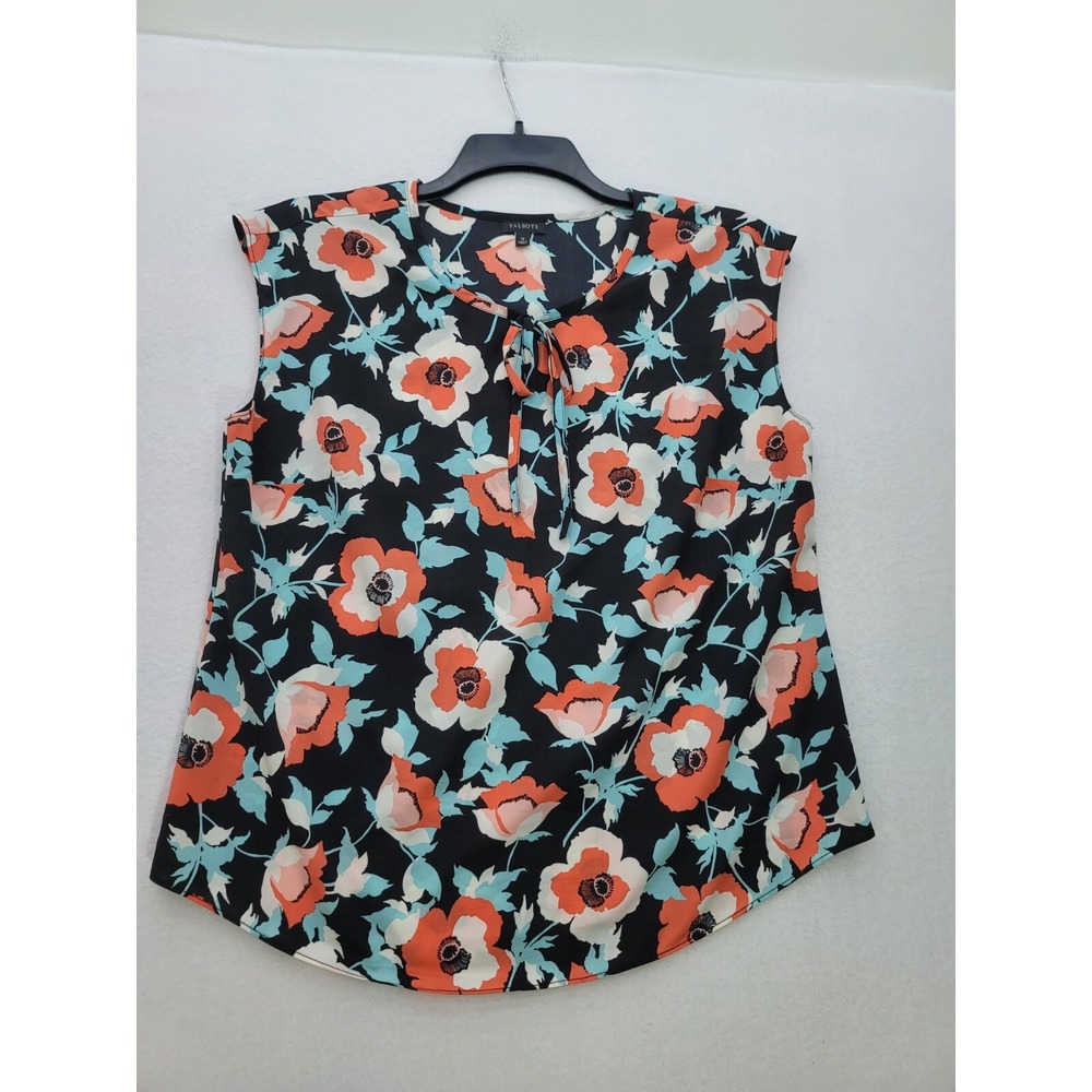 Talbots Womens 12 Sleeveless‎ Black PolyesterFloral Neck Tie Top Blouse